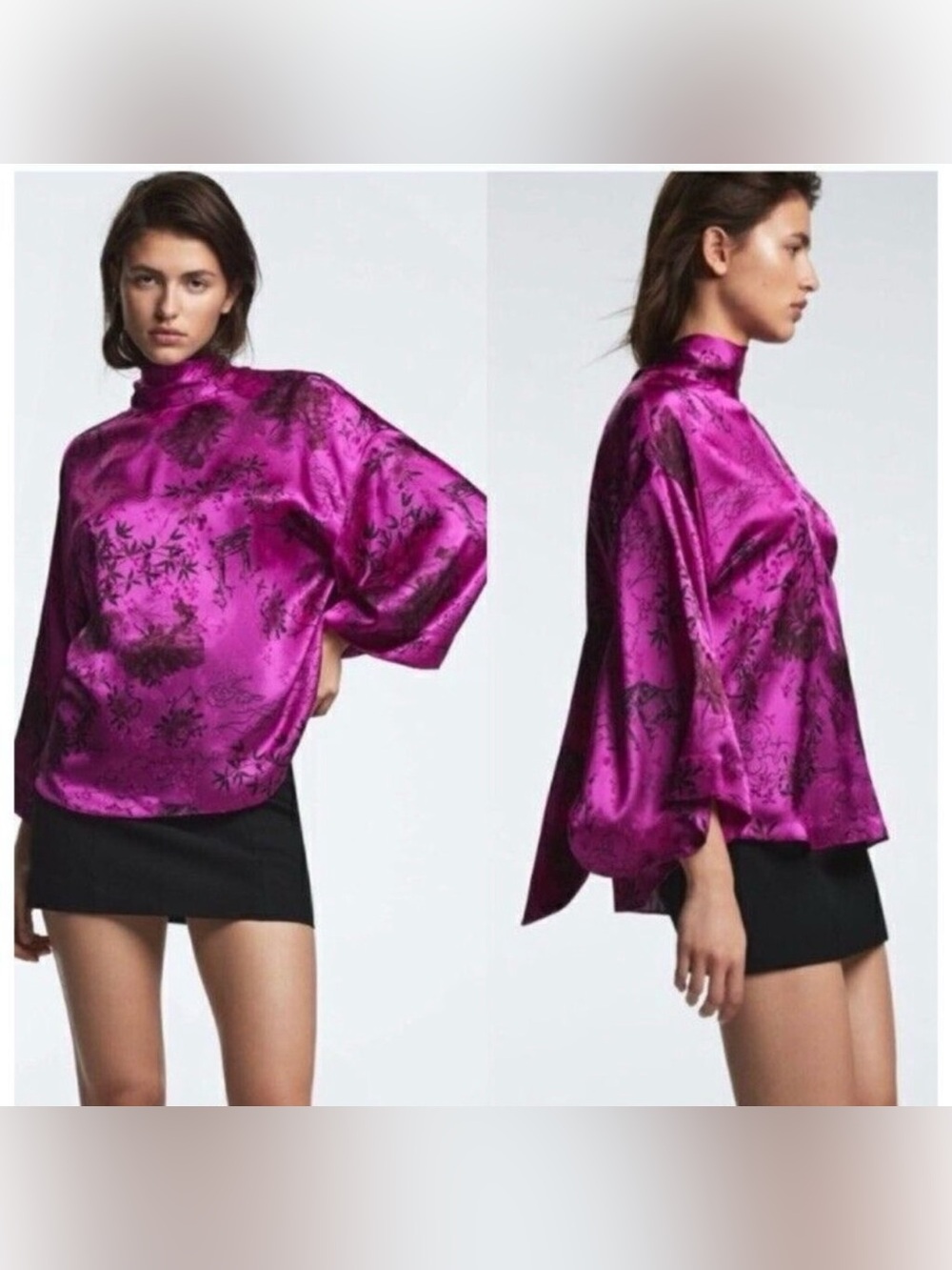 ZARA FUCHSIA & BLACK JACQUARD SATIN LIKE PRINTED JAPANESE BLOUSE, Size XS, NWT